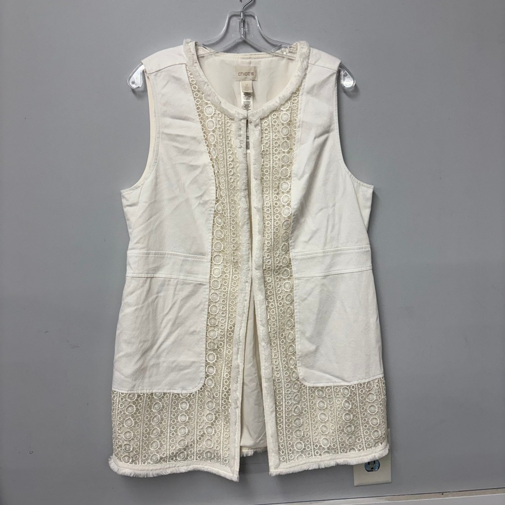 Chicos White Lace Trim Longline Zip Front Vest Fringe Cotton Blend Size 2‎ Large